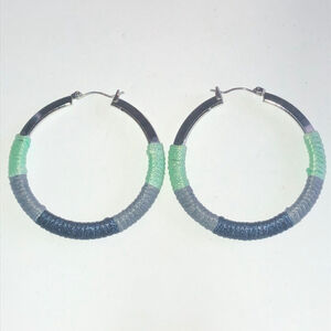 Silver Tone Green Blue Fabric Boho Hoop Retro Pierced Earrings